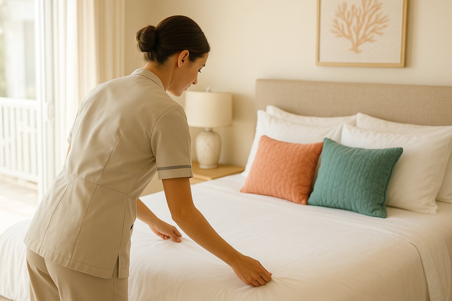 A professional cleaner preparing a guest bedroom for the next stay