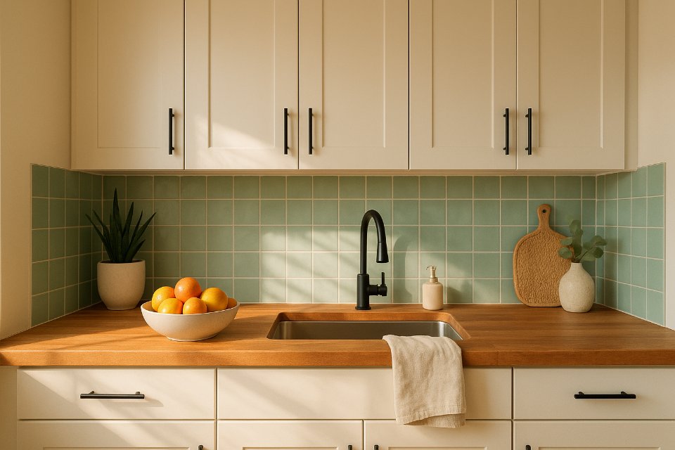 A bright, guest-ready vacation rental kitchen with warm wood counters